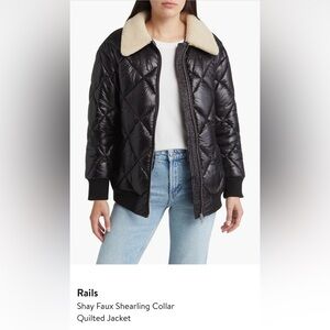 Rails Black Quilted Jacket with Cream Shearling Collar